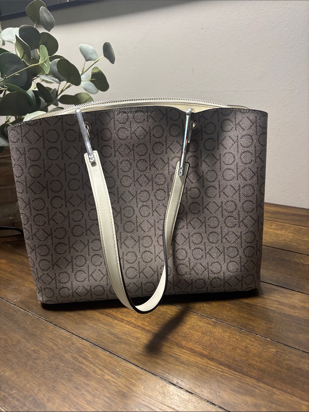 Calvin Klein Brown Monogram Tote with Cream Handles and Trim